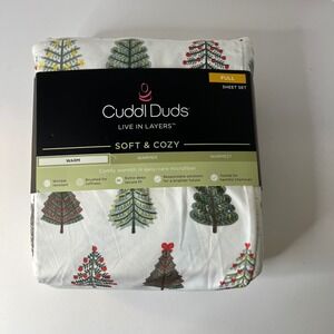 Cuddl Duds Soft & Cozy Full Sheet Set‎ Christmas Trees White Green Red NIP